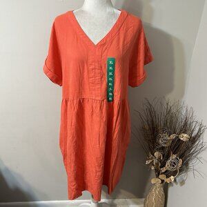 NWT Briggs Women Dress V-Neck Short Sleeve Pockets Linen Rayon Blend Orange XL